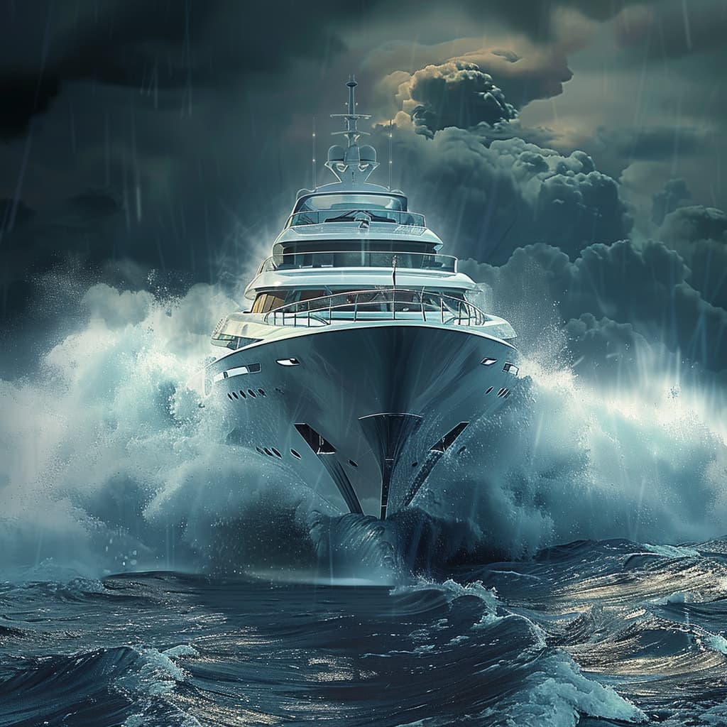 luxury yacht in stormy and harsh conditions